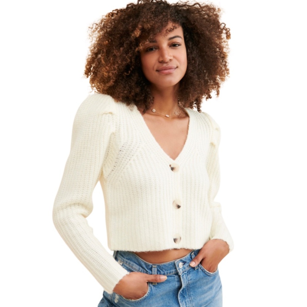 Preppy Coastal Anthropologie Current Air Puff Sleeve Cardigan